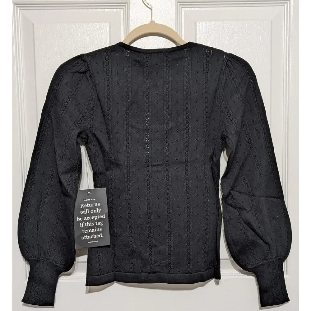 Tuckernuck Sweater Womens XS Black Open Knit Scoop Henley Puff Sleeve Top NWT